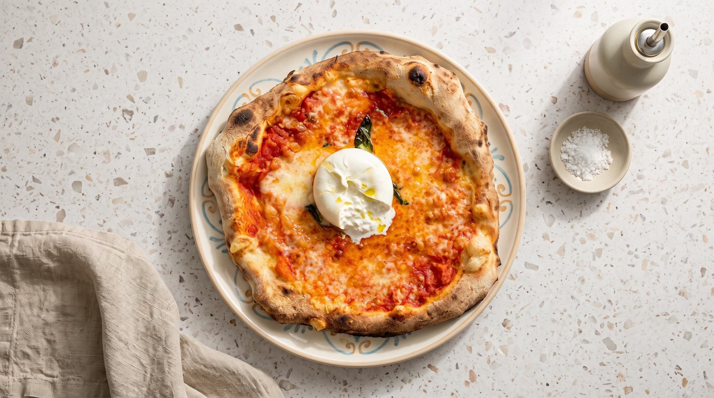 Frisch gebackene neapolitanische Pizza aus dem Holzofen der Pizzeria Primavera in Kleve