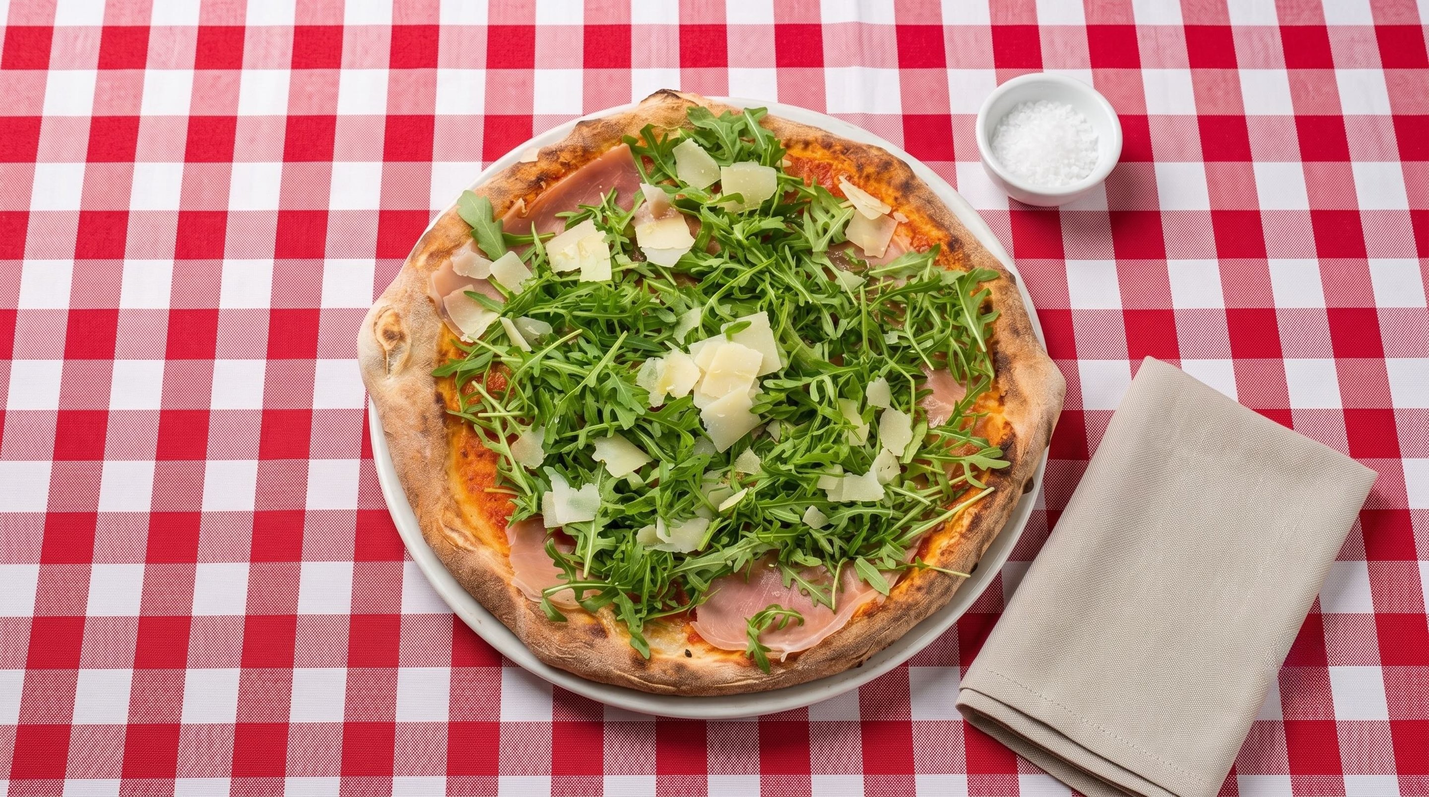 Pizza Ruco-Parma mit San-Marzano-Tomaten, Crudo und Rucola